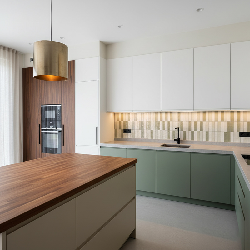 Virtuves mēbeles modernā stilā.
Izsmalcināts dizains ar krāsotām MDF fasādēm. Virtuve aprīkota ar augstākās kvalitātes BLUM furnitūru un funkcionālām Tandembox izvelkamajām atvilktnēm. Minimālistisks koptēls bez rokturiem un praktisks flīžu sienas panelis. Izpildes laiks: 6 nedēļas.