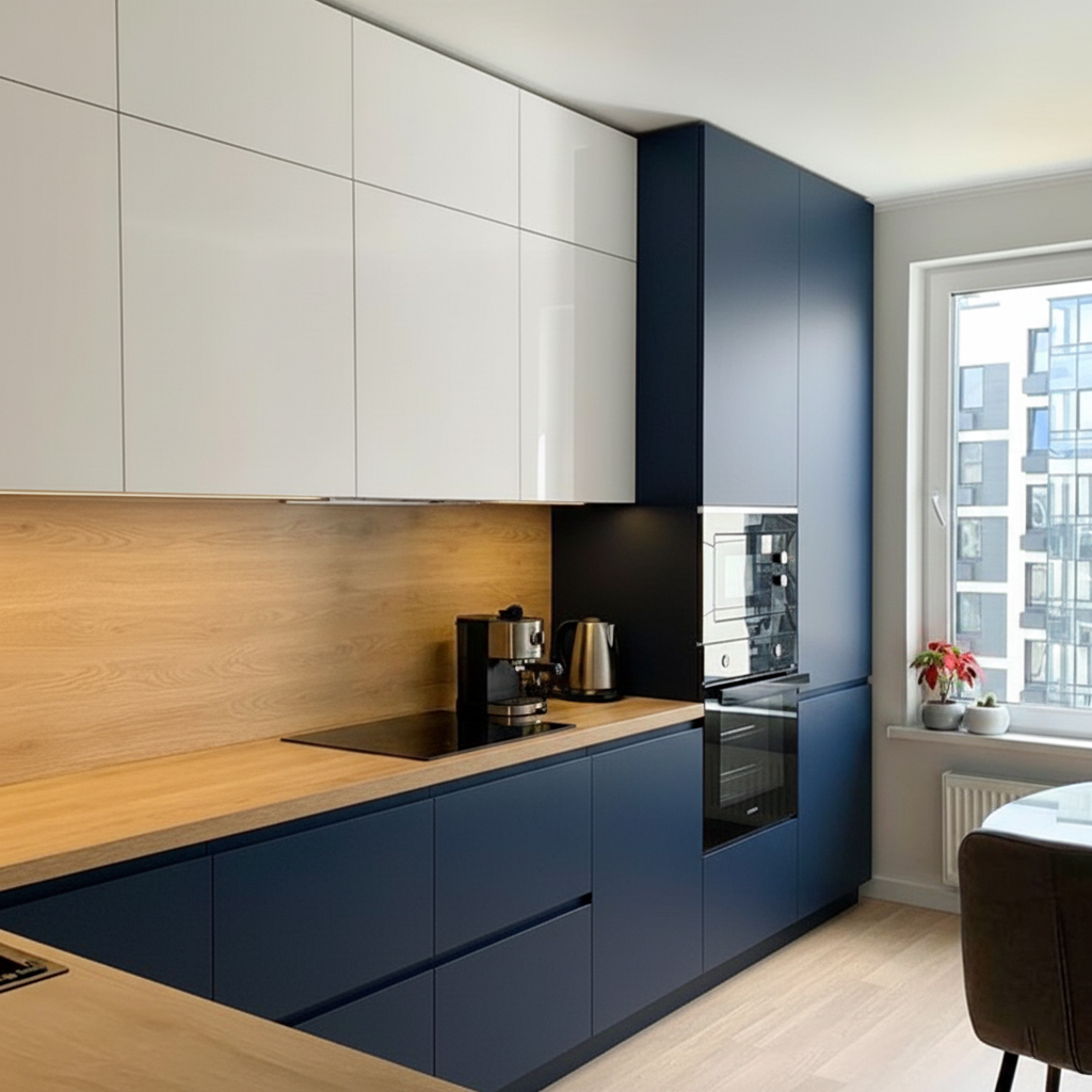 Individuāls virtuves projekts 104. sērijas dzīvoklim Rīgā. Izmantoti augstvērtīgi vācu firmas EGGER materiāli, kas nodrošina izturību un modernu izskatu. Virtuve aprīkota ar premium klases BLUM furnitūru un klusām Tandembox izvelkamajām atvilktnēm. Minimālistisks dizains bez rokturiem. Darba virsma un sienas panelis izgatavoti no praktiska un viegli kopjama lamināta. Izpildes laiks: tikai 5 nedēļas.